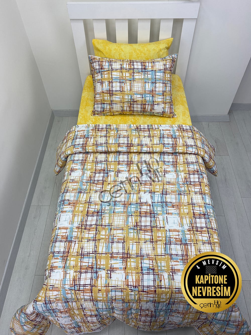 Çetinhome Tek Kişilik Çarşafı Lastikli Kapitone Pike Takımı 4 Mevsim Ebruli Sarı