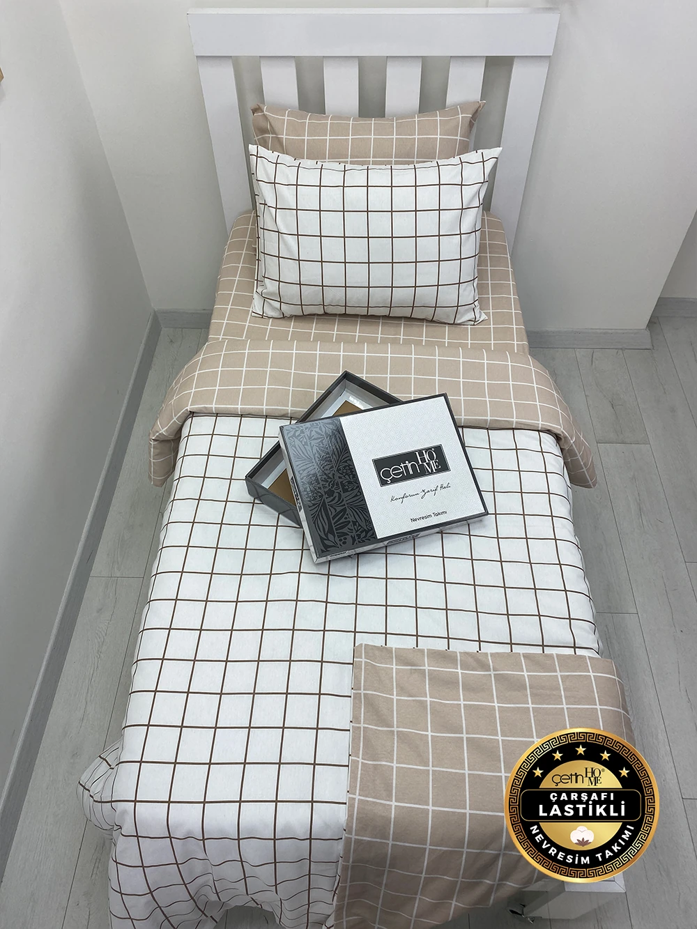Çetinhome Çarşafı Lastikli Tek Kişilik Nevresim Takımı Kare Bej