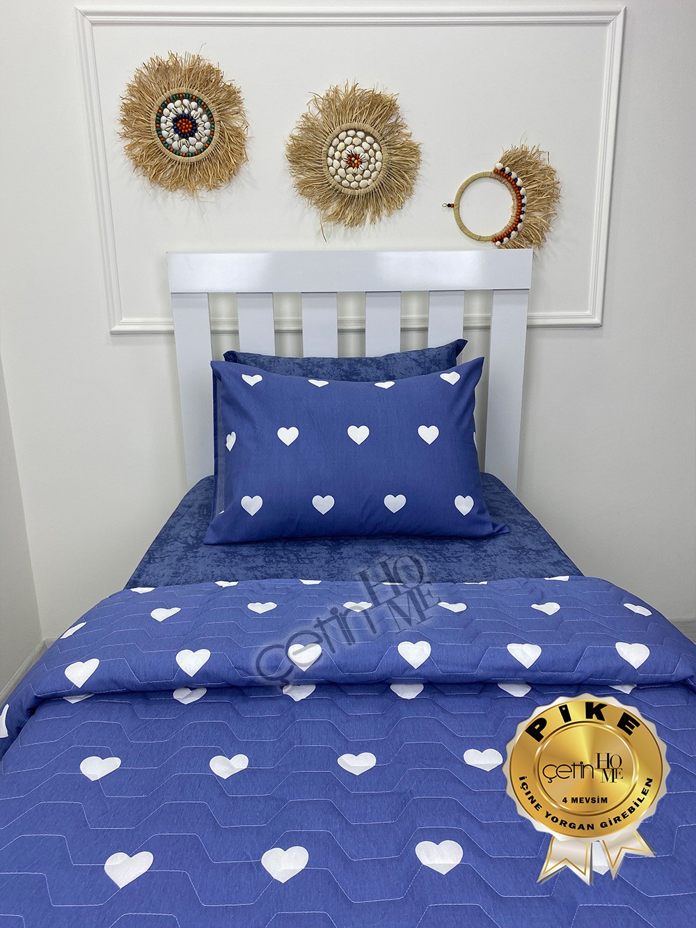 Çetinhome Tek Kişilik Çarşafı Lastikli Kapitone Pike Takımı 4 Mevsim Blue Kalp