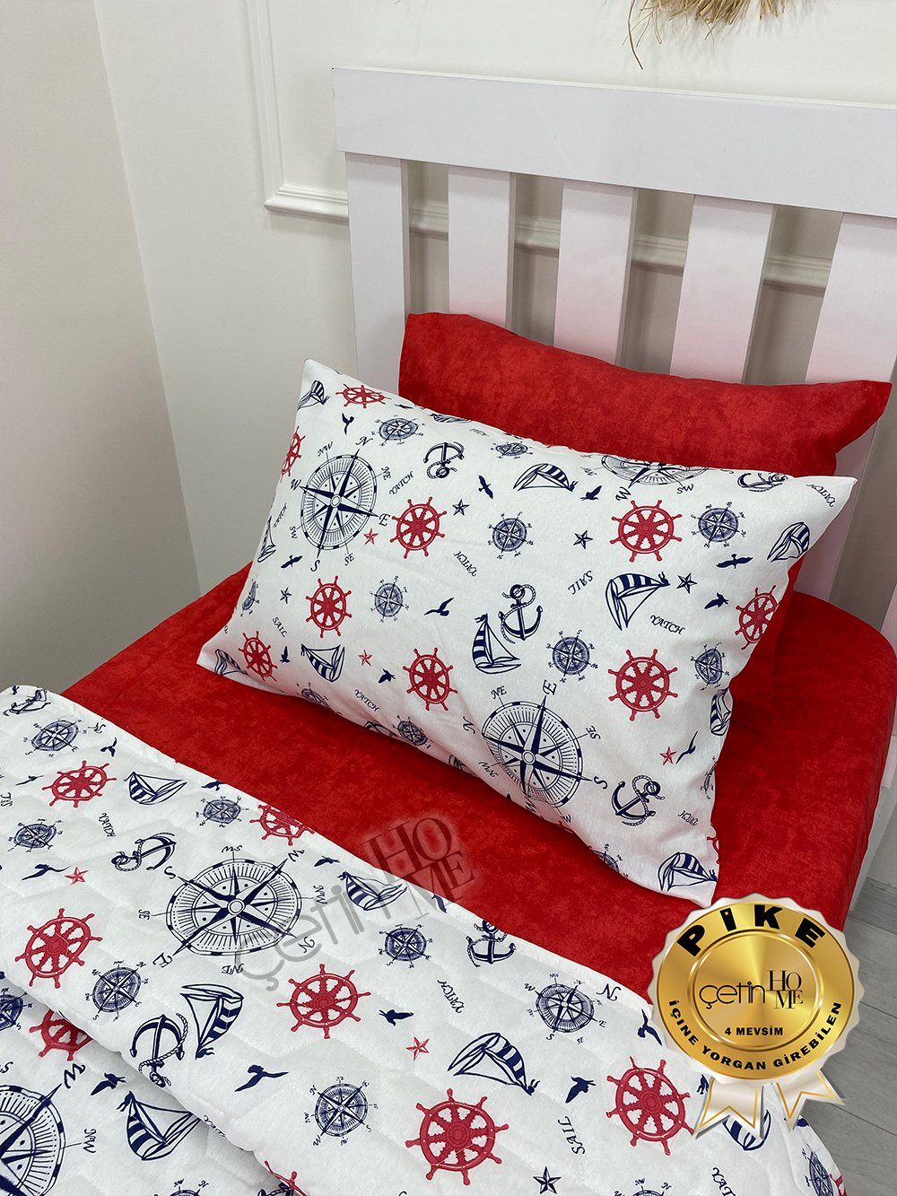 Çetinhome Tek Kişilik Çarşafı Lastikli Kapitone Pike Takımı 4 Mevsim Denizci Kırmızı