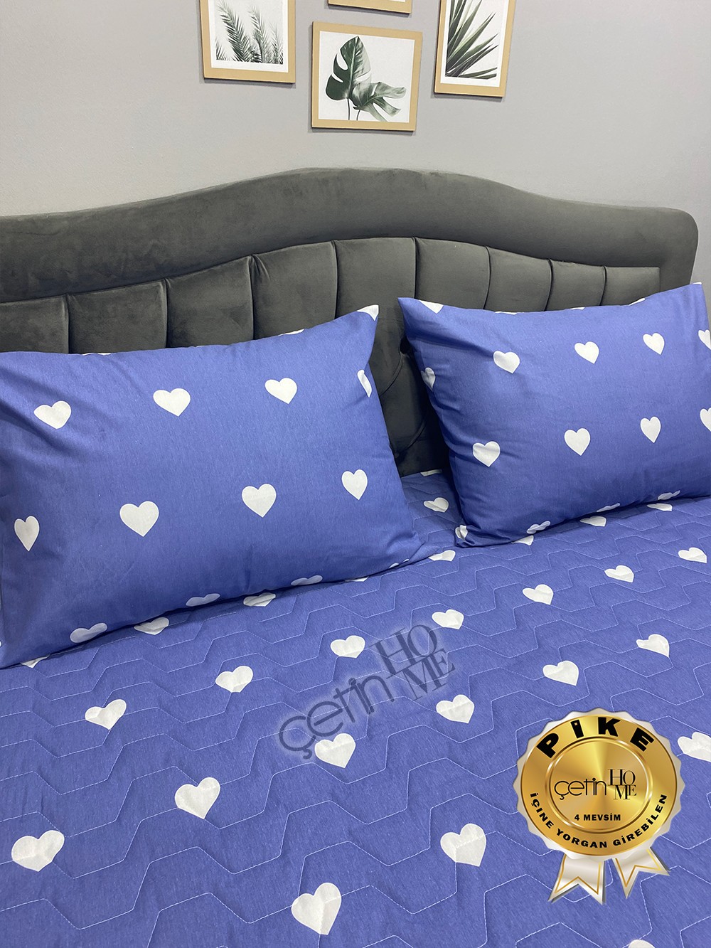 Çetinhome Çift Kişilik Kapitone Pike Seti 4 Mevsim Blue Kalp