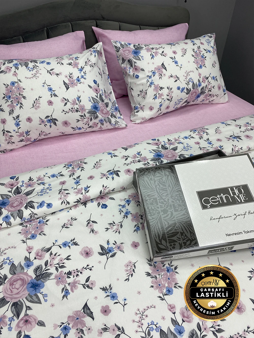 Çetinhome Çarşafı Lastikli Çift Kişilik Nevresim Takımı Pink Rose
