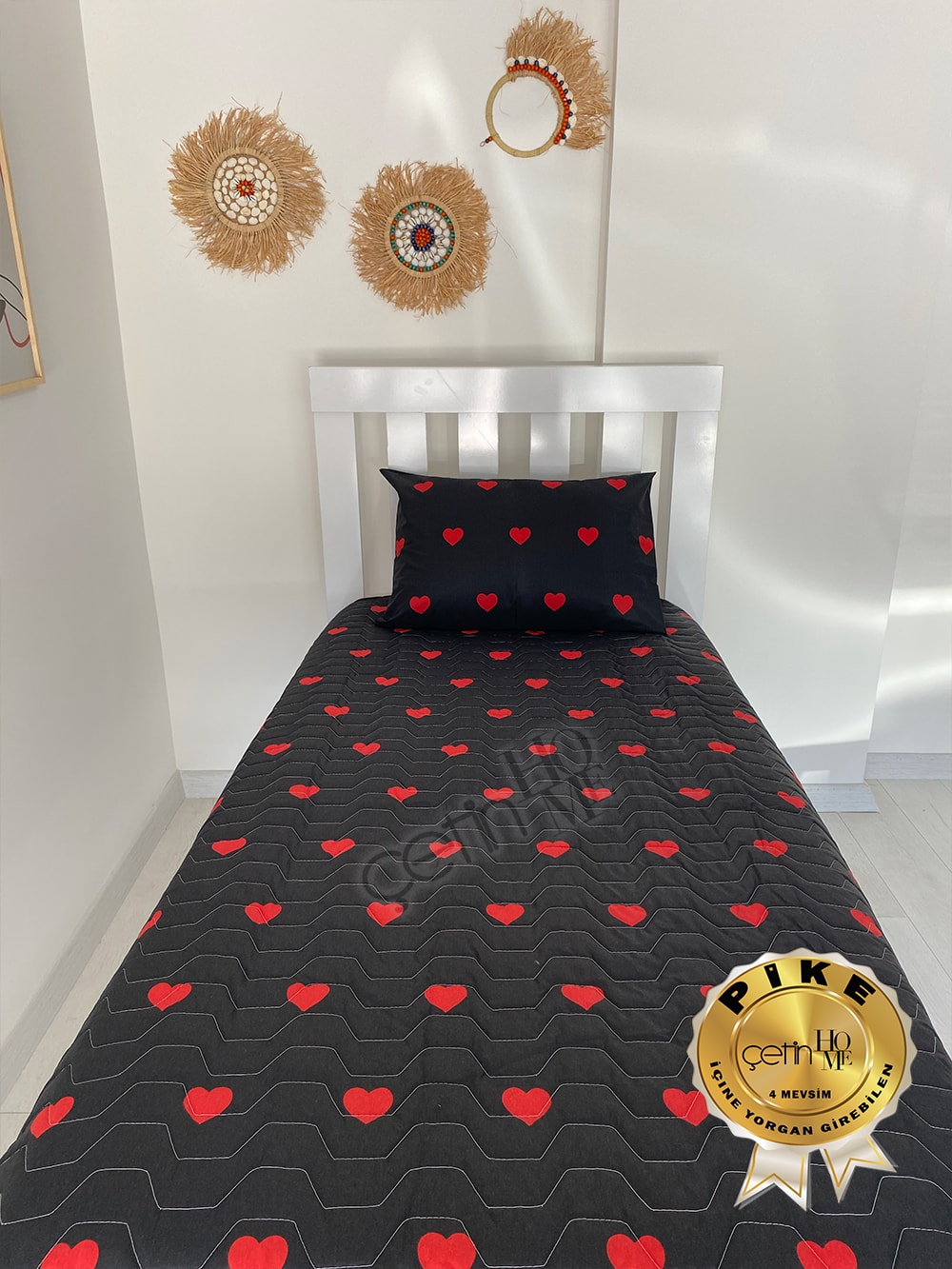 Çetinhome Tek Kişilik Kapitone Pike Seti 4 Mevsim Siyah Kalp