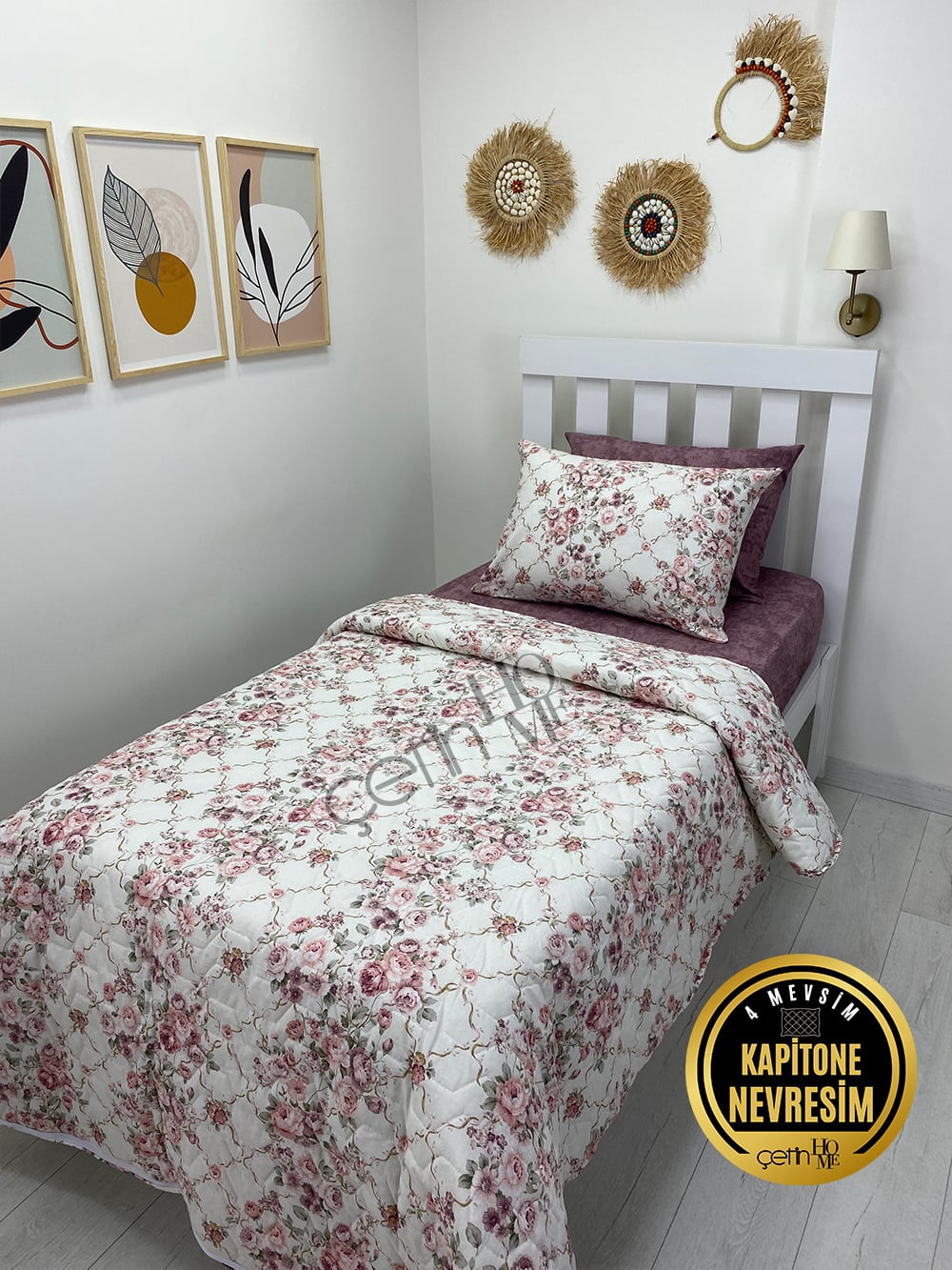 Çetinhome Tek Kişilik Çarşafı Lastikli Kapitone Pike Takımı 4 Mevsim Güz Gülleri