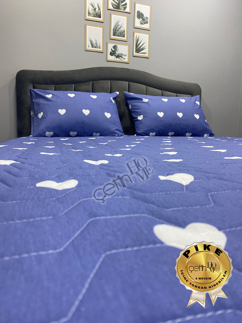 Çetinhome Çift Kişilik Kapitone Pike Seti 4 Mevsim Blue Kalp