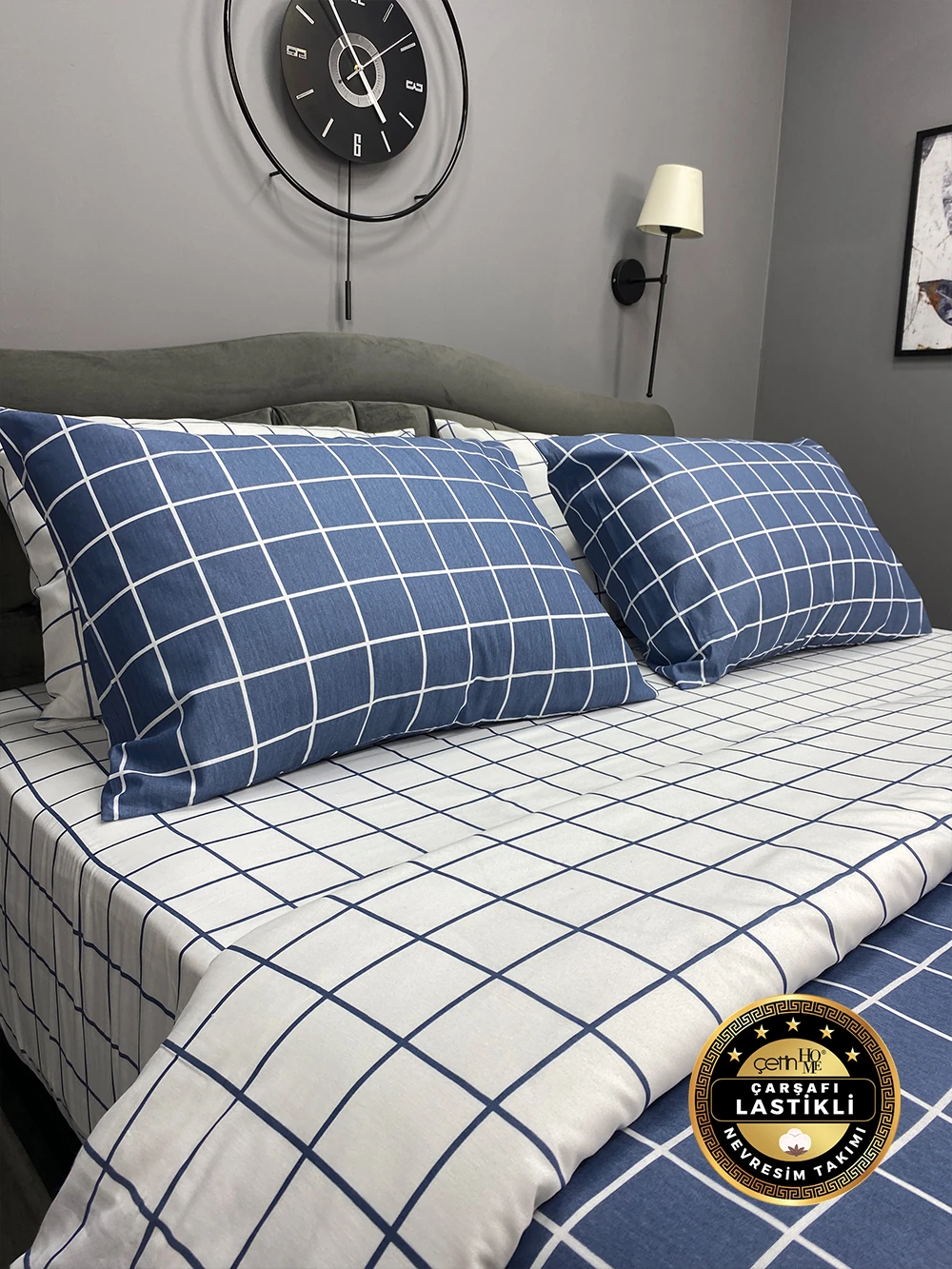Çetinhome Çarşafı Lastikli Çift Kişilik Nevresim Takımı Kare Mavi