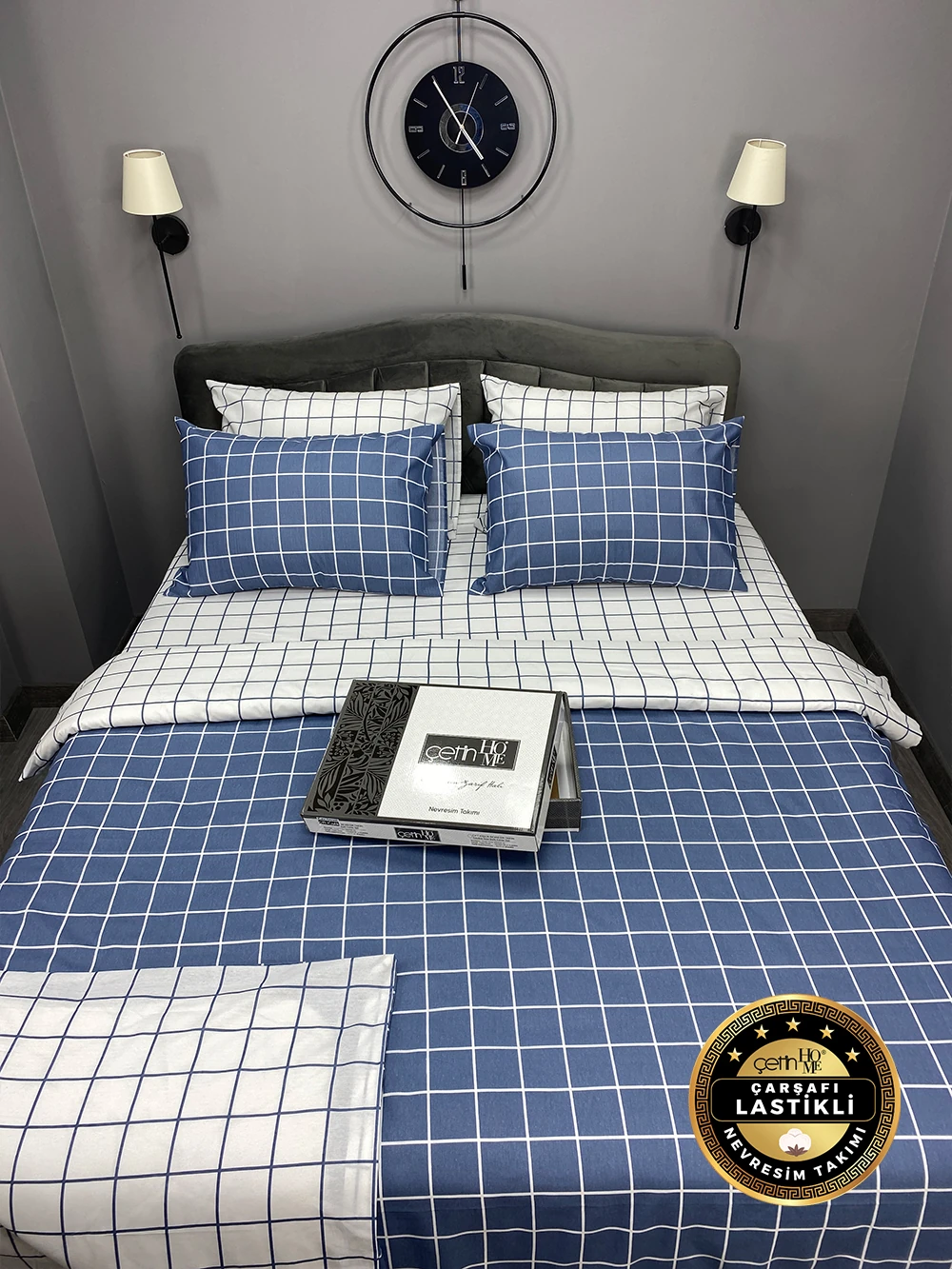 Çetinhome Çarşafı Lastikli Çift Kişilik Nevresim Takımı Kare Mavi