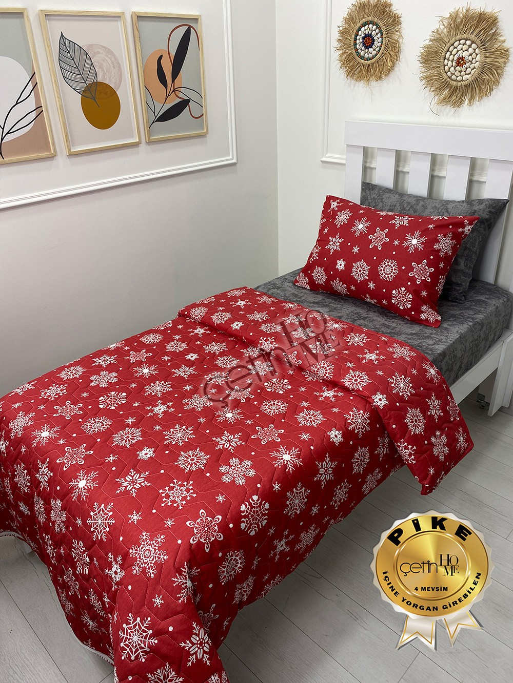 Çetinhome Tek Kişilik Çarşafı Lastikli Kapitone Pike Takımı 4 Mevsim Kar