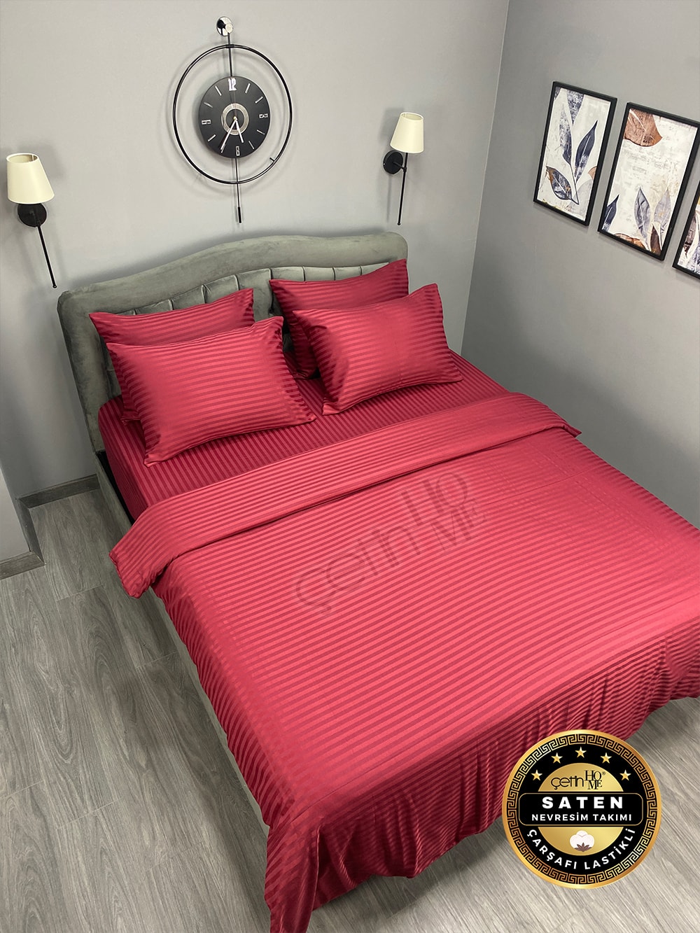 Çetinhome Çift Kişilik Çizgili Saten Nevresim Takımı - Bordo