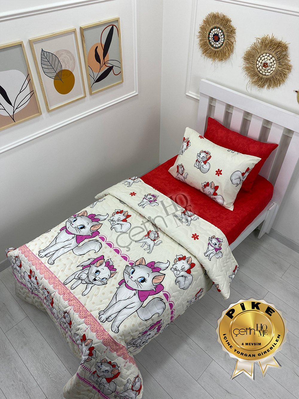Çetinhome Tek Kişilik Çarşafı Lastikli Kapitone Pike Takımı 4 Mevsim Sevimli Kedi