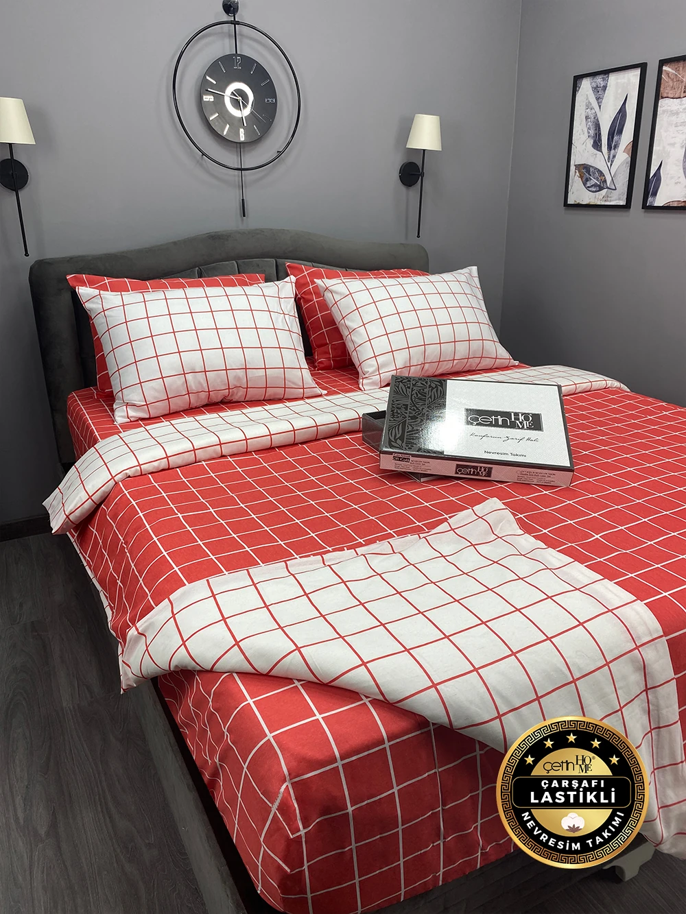 Çetinhome Çarşafı Lastikli Çift Kişilik Nevresim Takımı Kare Kiremit