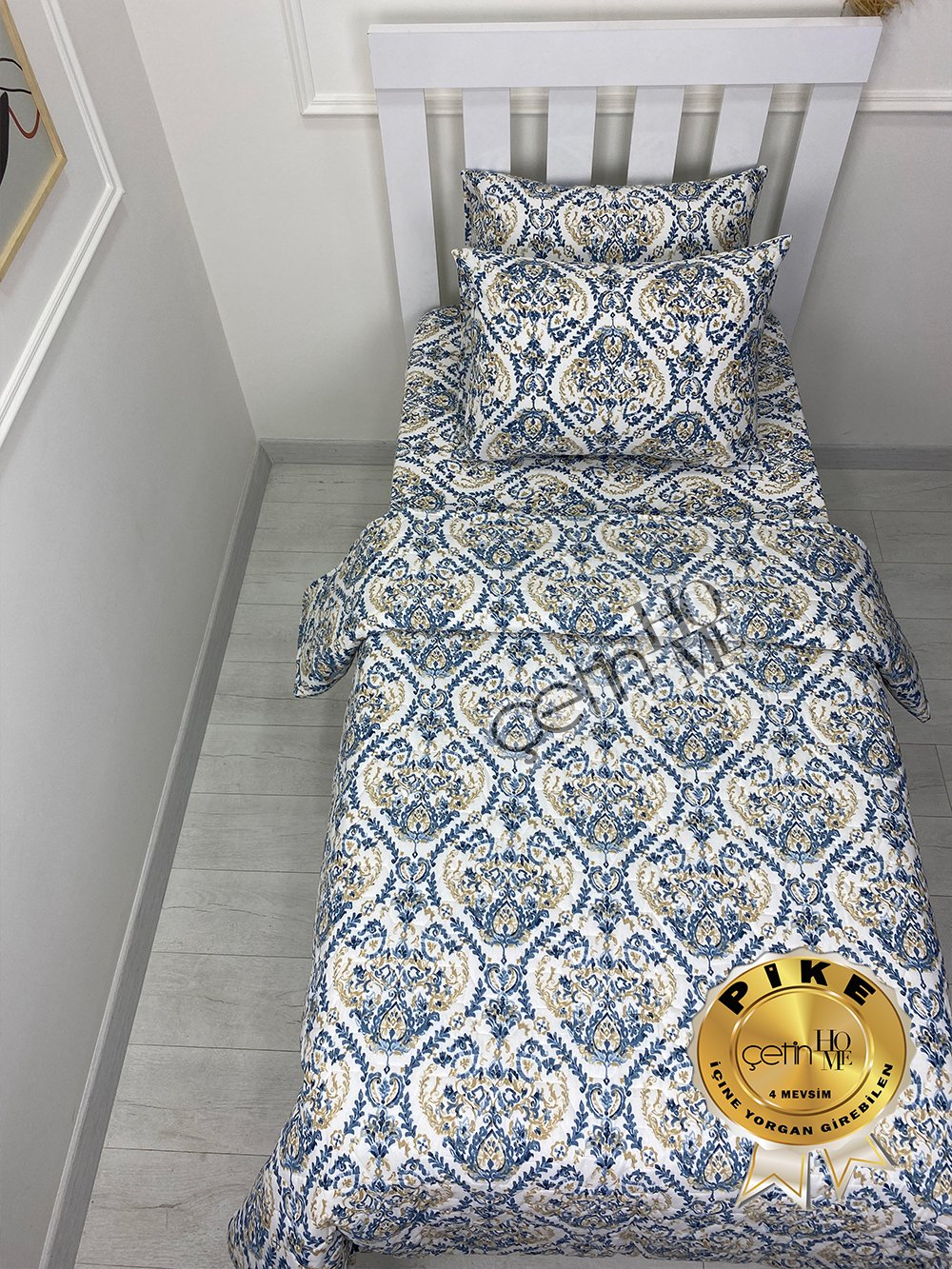 Çetinhome Tek Kişilik Çarşafı Lastikli Kapitone Pike Takımı 4 Mevsim Harem Mavi