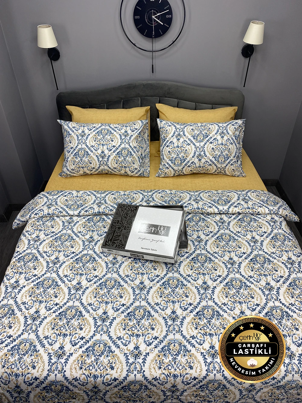 Çetinhome Çarşafı Lastikli Çift Kişilik Nevresim Takımı Harem Mavi