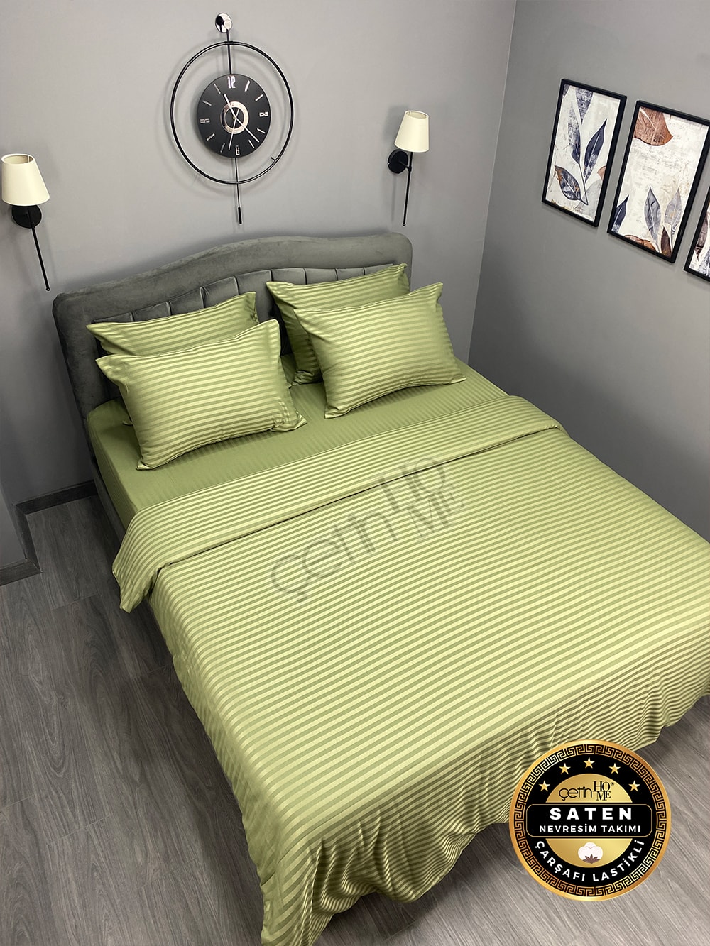 Çetinhome Çizgili Saten Nevresim Takımı - Yeşil