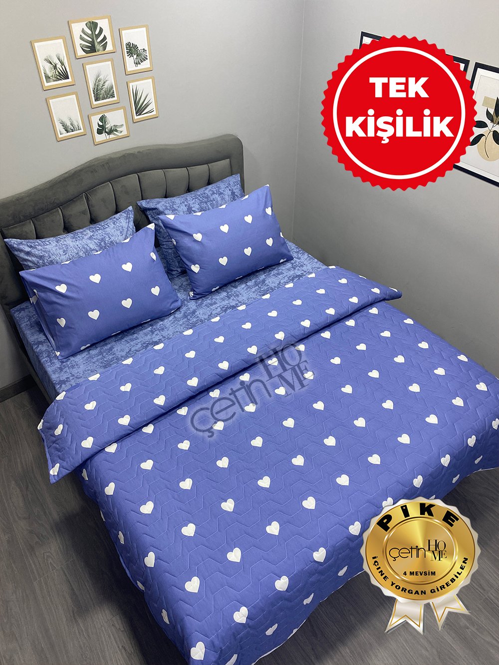Çetinhome Tek Kişilik Çarşafı Lastikli Kapitone Pike Takımı 4 Mevsim Blue Kalp