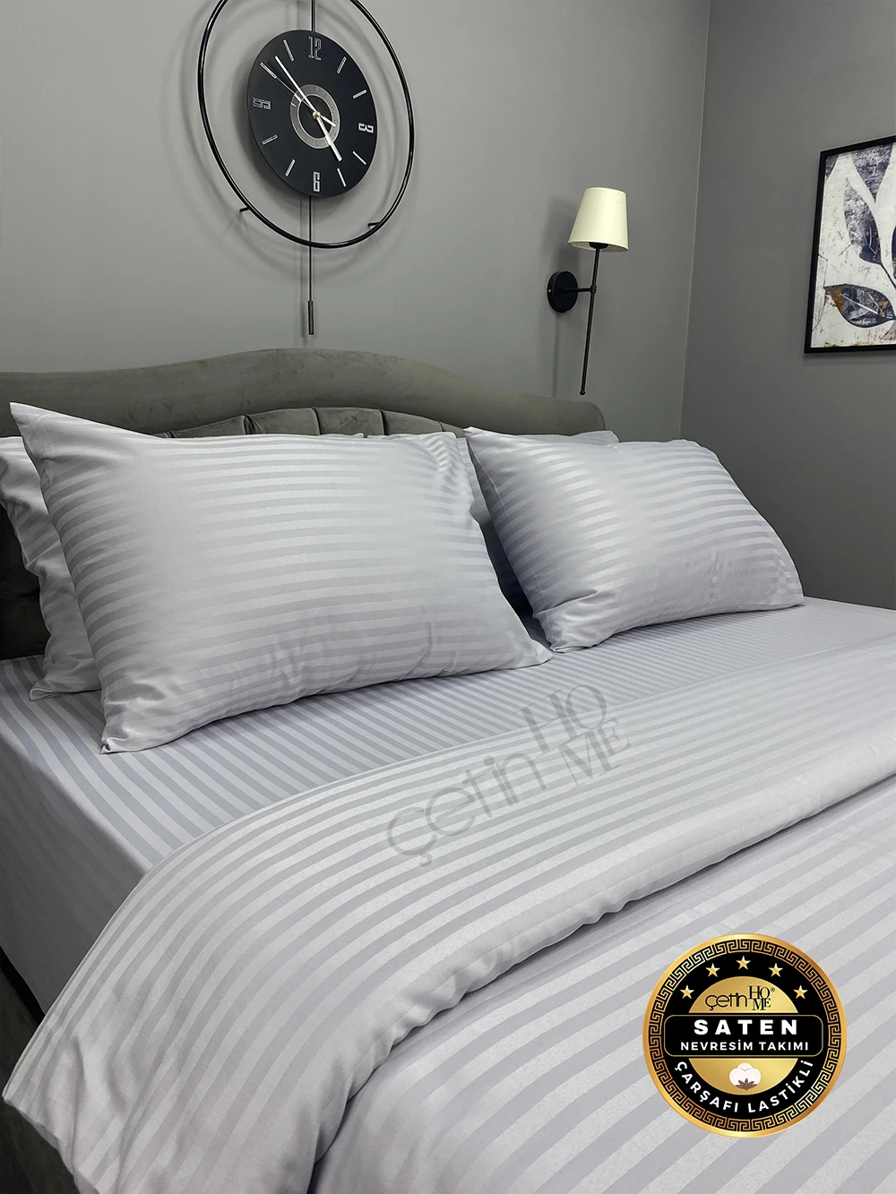 Çetinhome Çift Kişilik Çizgili Saten Nevresim Takımı