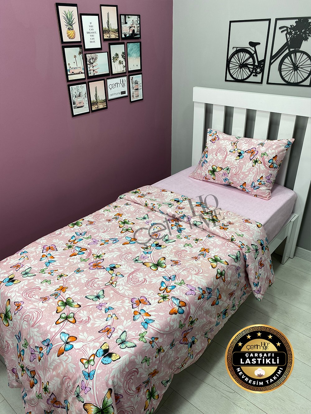 Çetinhome Çarşafı Lastikli Tek Kişilik Nevresim Takımı Kelebek