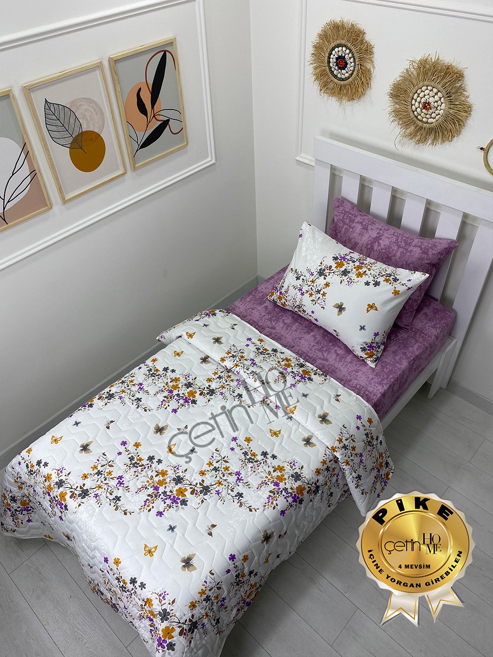 Çetinhome Tek Kişilik Çarşafı Lastikli Kapitone Pike Takımı 4 Mevsim Bahar Fuşya