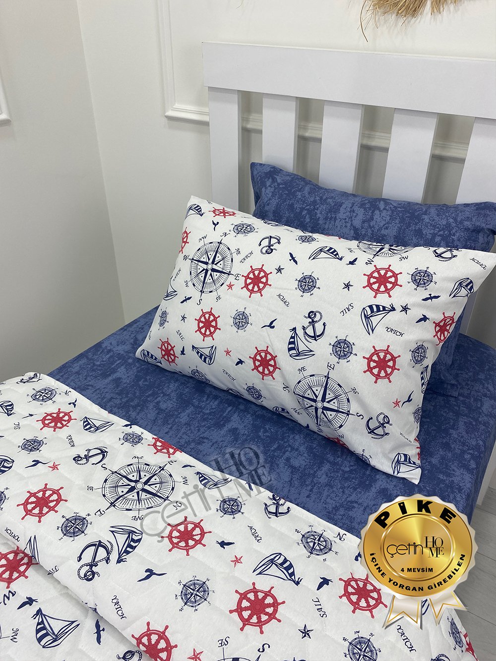 Çetinhome Tek Kişilik Çarşafı Lastikli Kapitone Pike Takımı 4 Mevsim Denizci Mavi