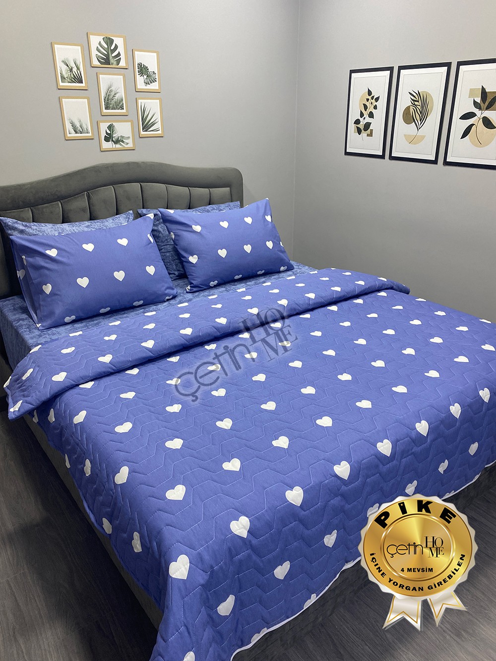 Çetinhome Çift Kişilik Çarşafı Lastikli Kapitone Pike Takımı 4 Mevsim Blue Kalp