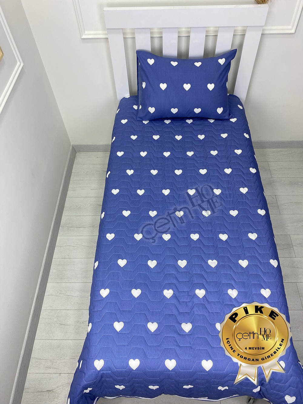Çetinhome Tek Kişilik Kapitone Pike Seti 4 Mevsim Blue Kalp