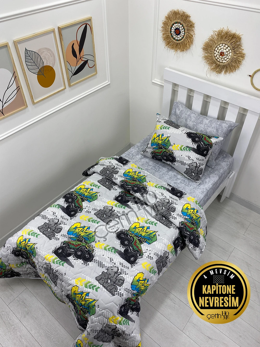 Çetinhome Tek Kişilik Çarşafı Lastikli Kapitone Pike Takımı 4 Mevsim Big Power