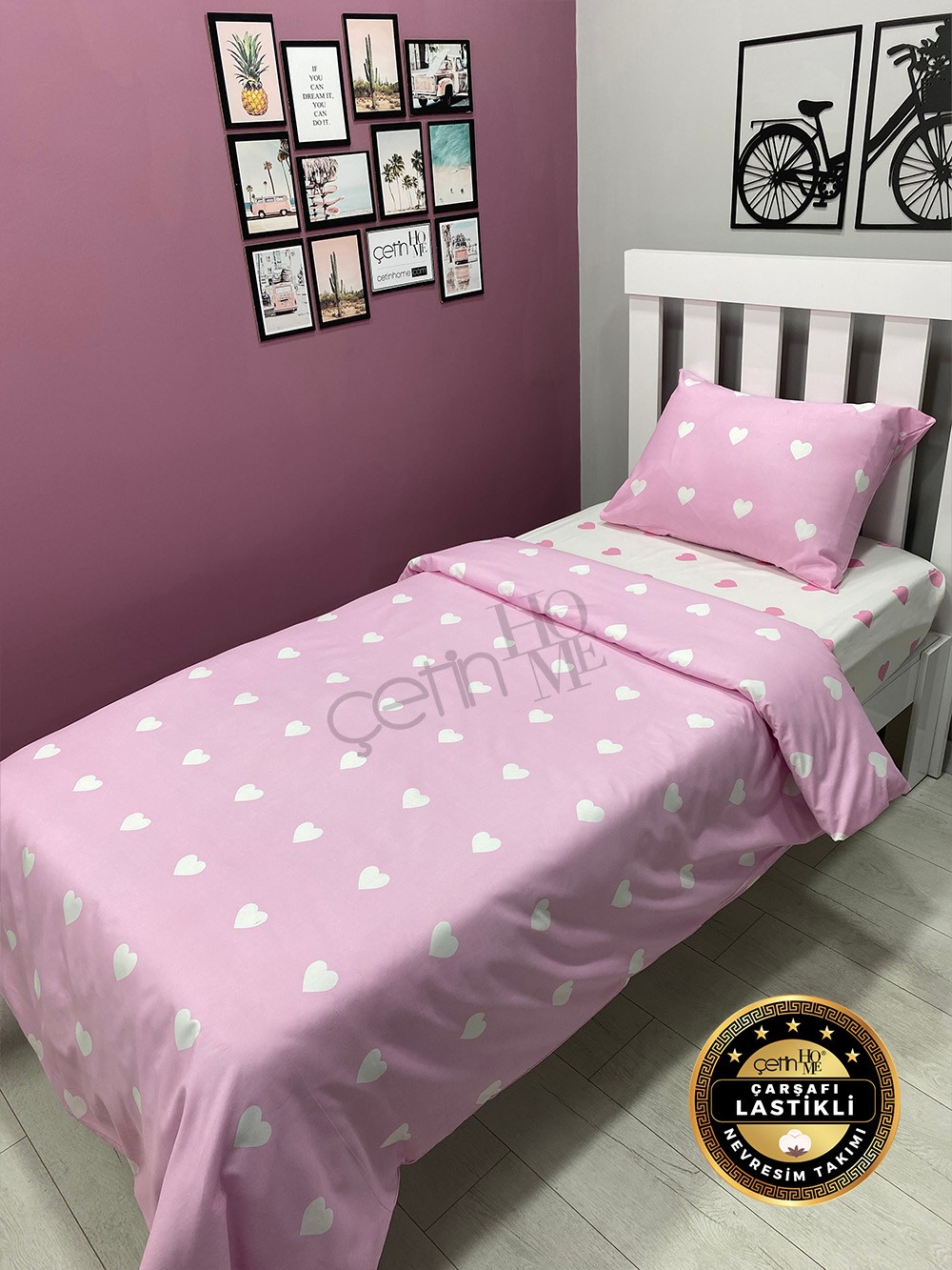 Çetinhome Çarşafı Lastikli Tek Kişilik Nevresim Takımı Pink Kalp