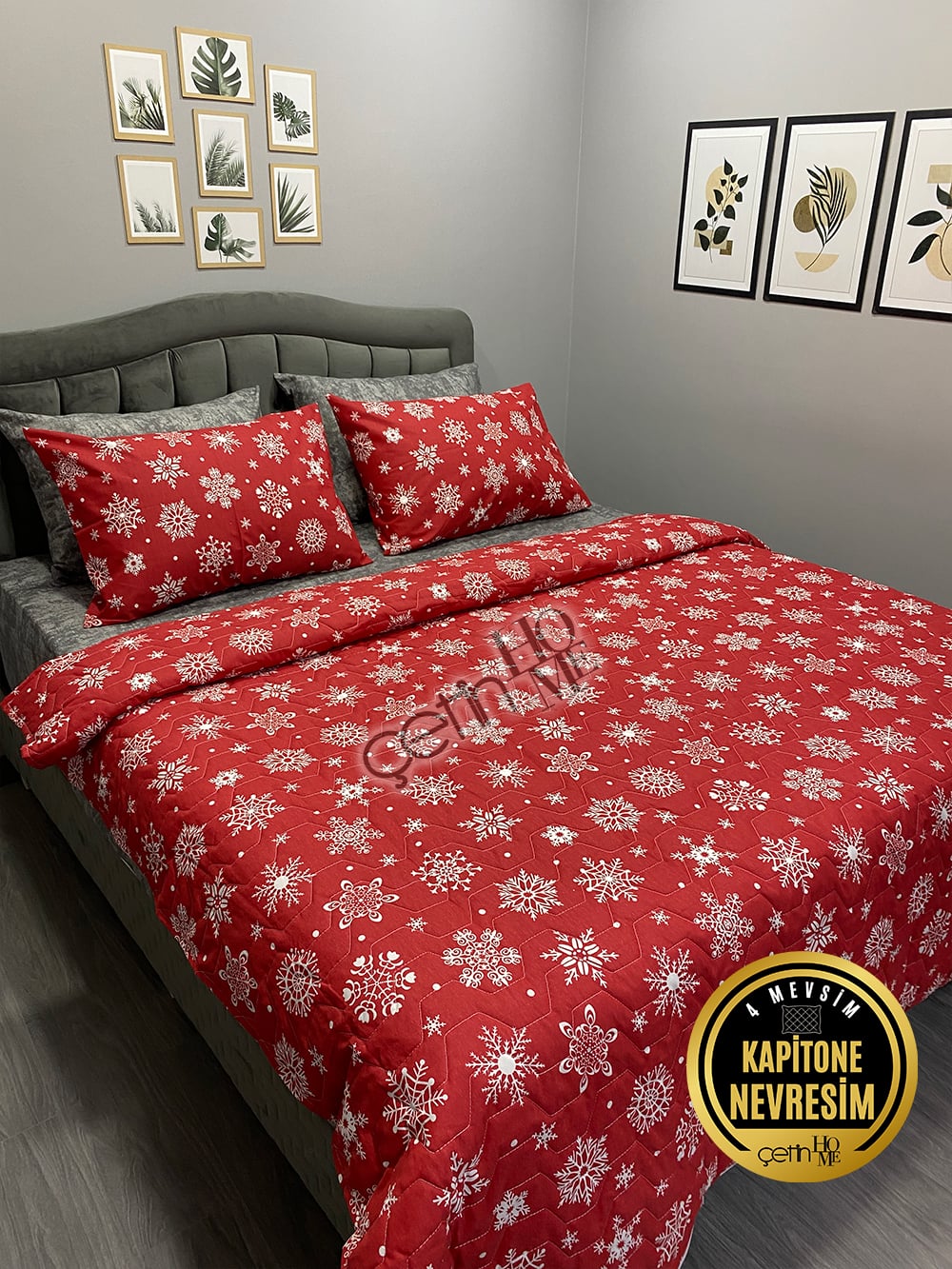 Çetinhome Çift Kişilik Çarşafı Lastikli Kapitone Pike Takımı 4 Mevsim Kar