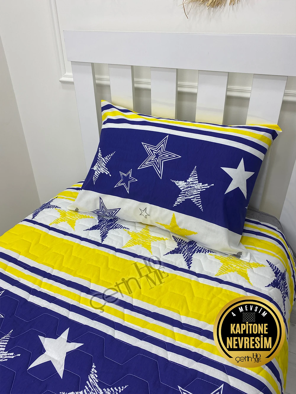 Çetinhome Tek Kişilik Kapitone Pike Seti 4 Mevsim Sarı Lacivert