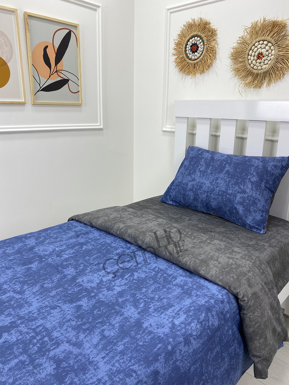 Çetinhome Çarşafı Lastikli Tek Kişilik Nevresim Takımı Indigo Antrasit