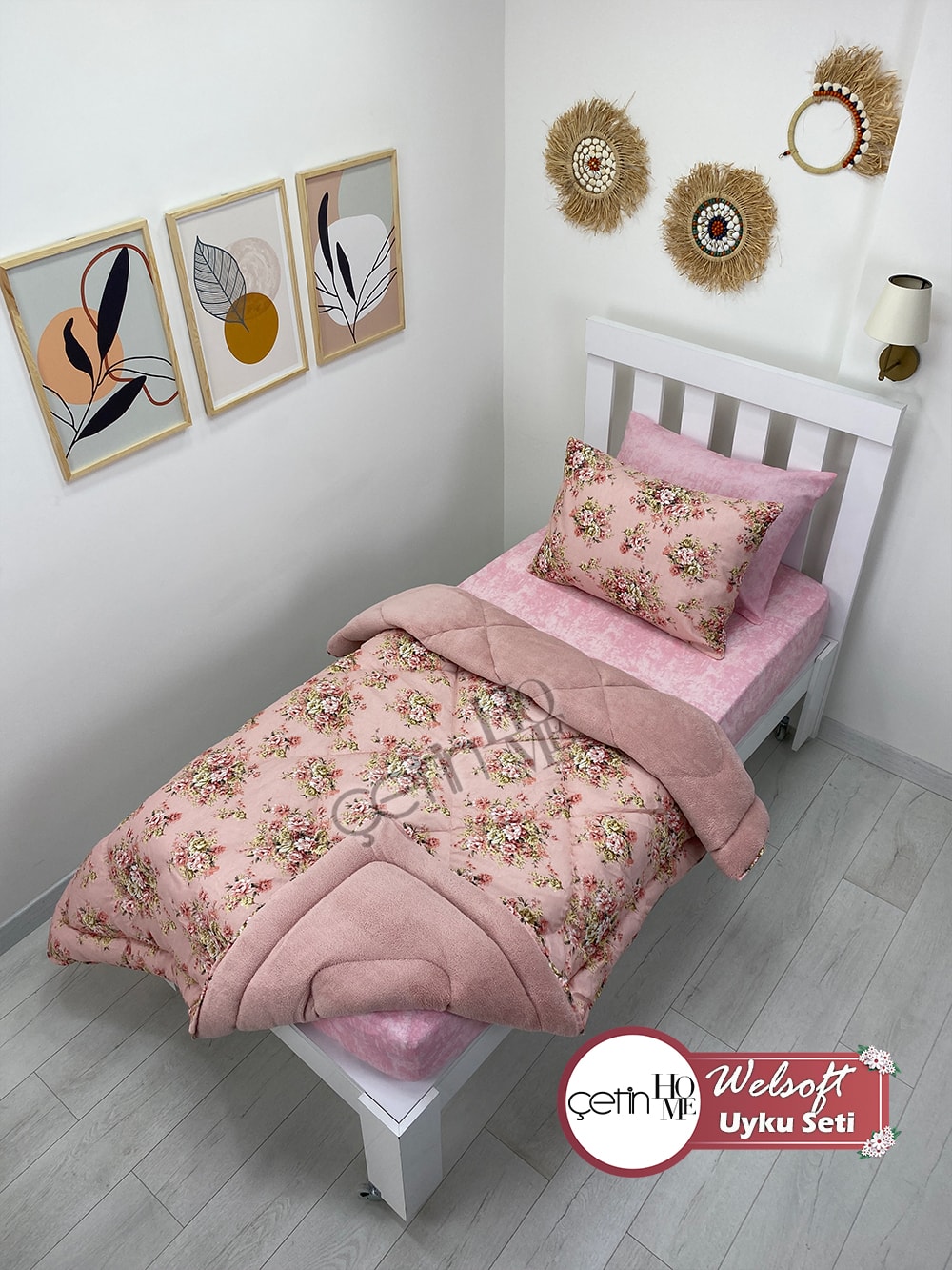Çetinhome Tek Kişilik Çarşafı Lastikli Desenli Welsoft Yorgan Nergis