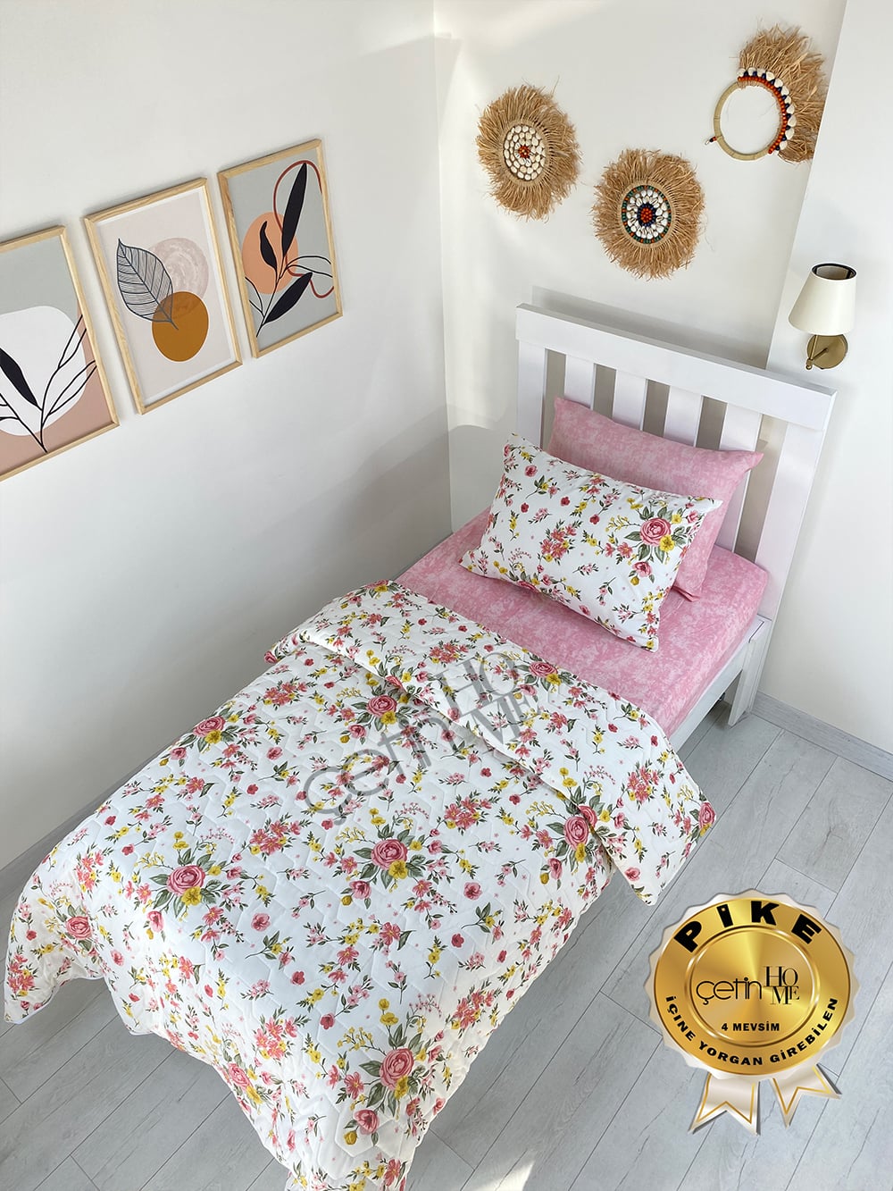 Çetinhome Tek Kişilik Çarşafı Lastikli Kapitone Pike Takımı 4 Mevsim Gülben