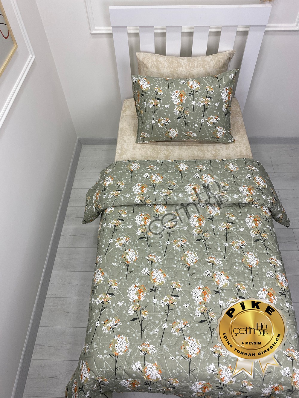 Çetinhome Tek Kişilik Çarşafı Lastikli Kapitone Pike Takımı 4 Mevsim Akasya
