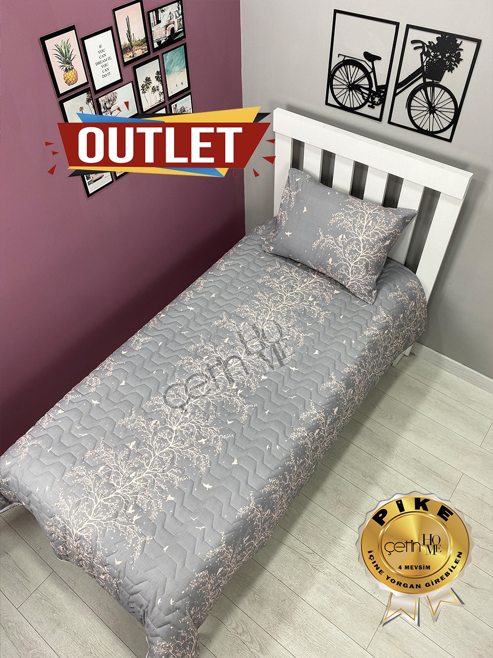 Outlet Tek Kişilik Kapitone Pike Seti 4 Mevsim Silva Gri