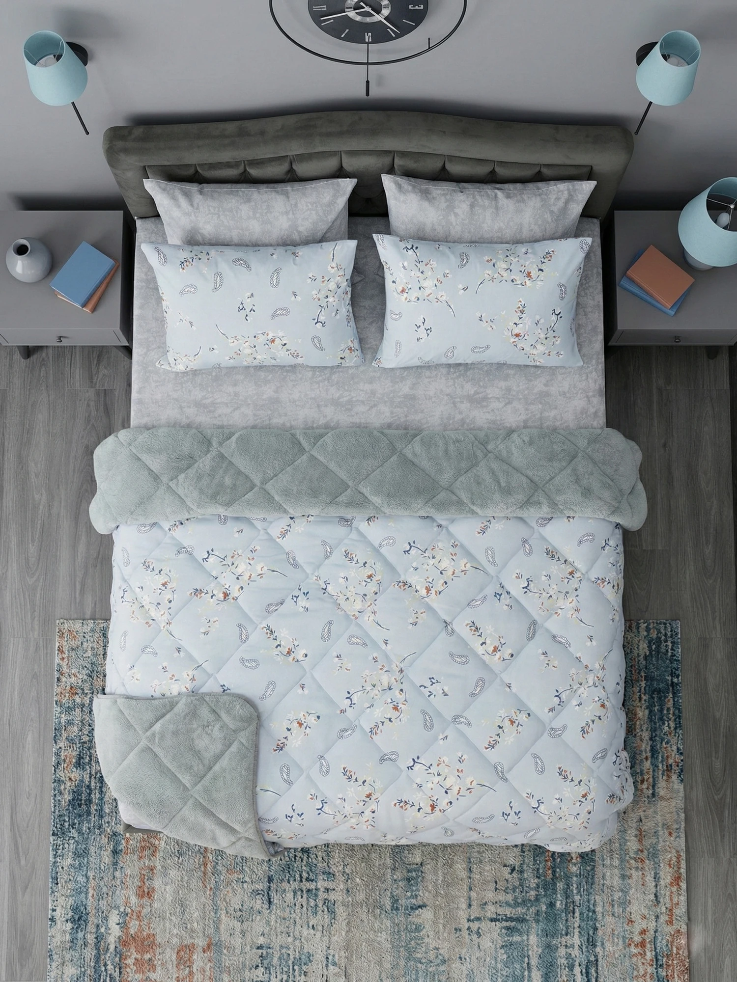 Çetinhome Çift Kişilik Çarşafı Lastikli Desenli Welsoft Yorgan Seti Lavinya Mavi