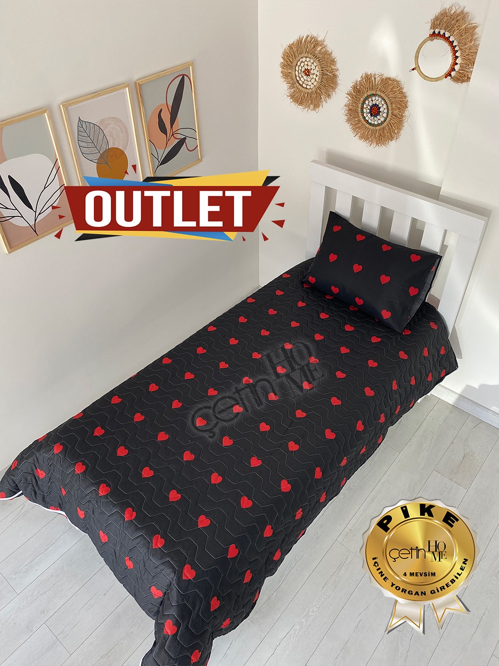 Outlet Tek Kişilik Kapitone Pike Seti 4 Mevsim Siyah Kalp