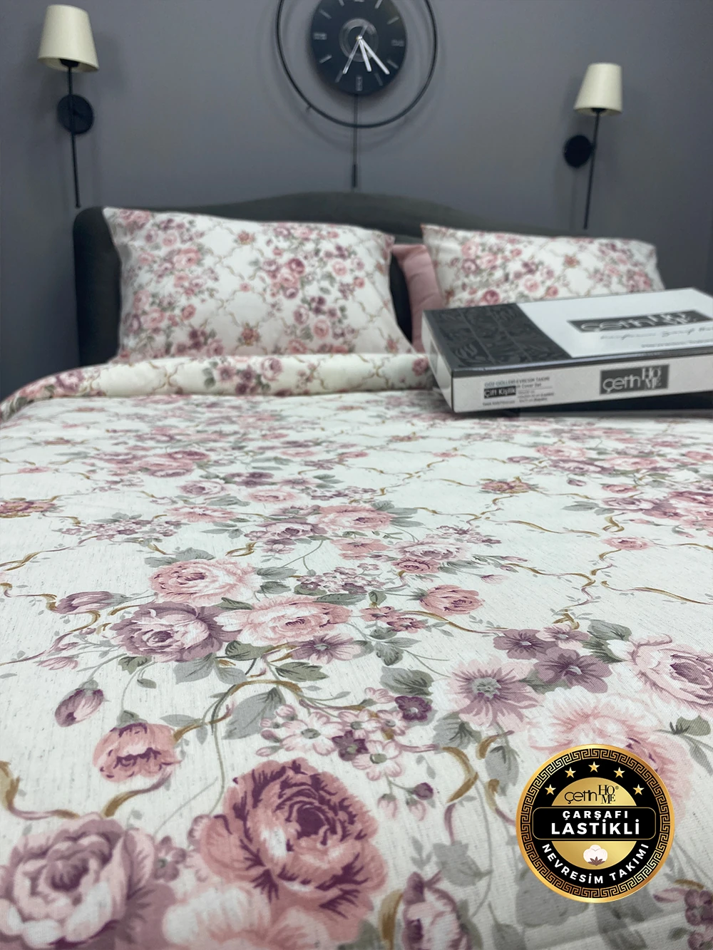 Çetinhome Çarşafı Lastikli Çift Kişilik Nevresim Takımı Güz Gülleri
