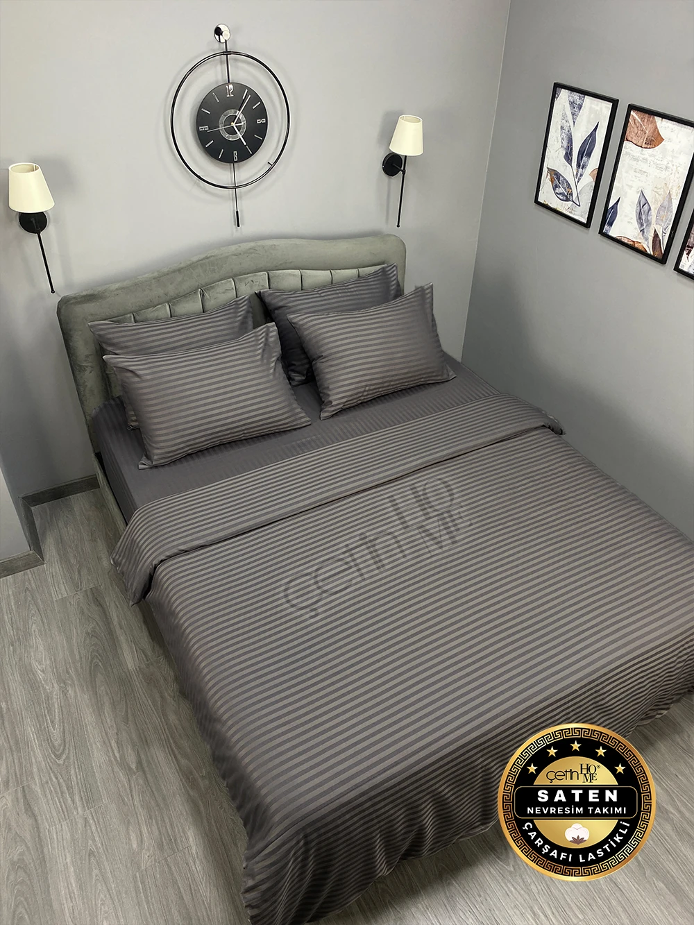 Çetinhome Çizgili Saten Nevresim Takımı - Çikolata