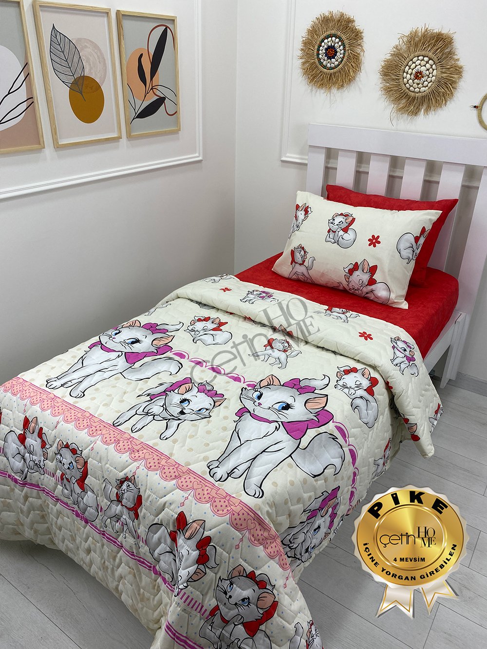 Çetinhome Tek Kişilik Çarşafı Lastikli Kapitone Pike Takımı 4 Mevsim Sevimli Kedi