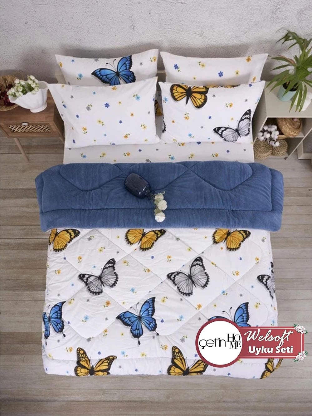 Çetinhome Çift Kişilik Çarşafı Lastikli Welsoft Uyku Seti - Rüya Indigo
