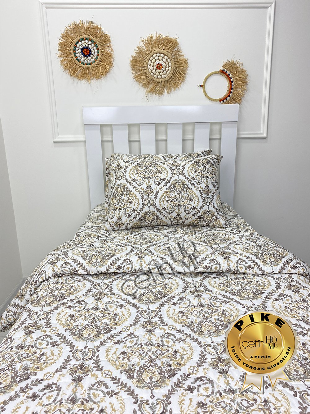 Çetinhome Tek Kişilik Çarşafı Lastikli Kapitone Pike Takımı 4 Mevsim Harem Gold