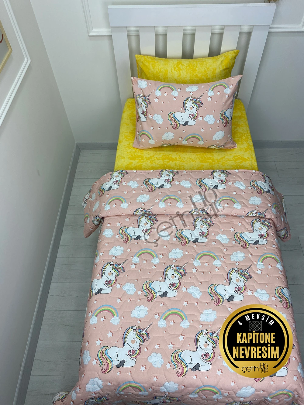 Çetinhome Tek Kişilik Çarşafı Lastikli Kapitone Pike Takımı 4 Mevsim Unicorn
