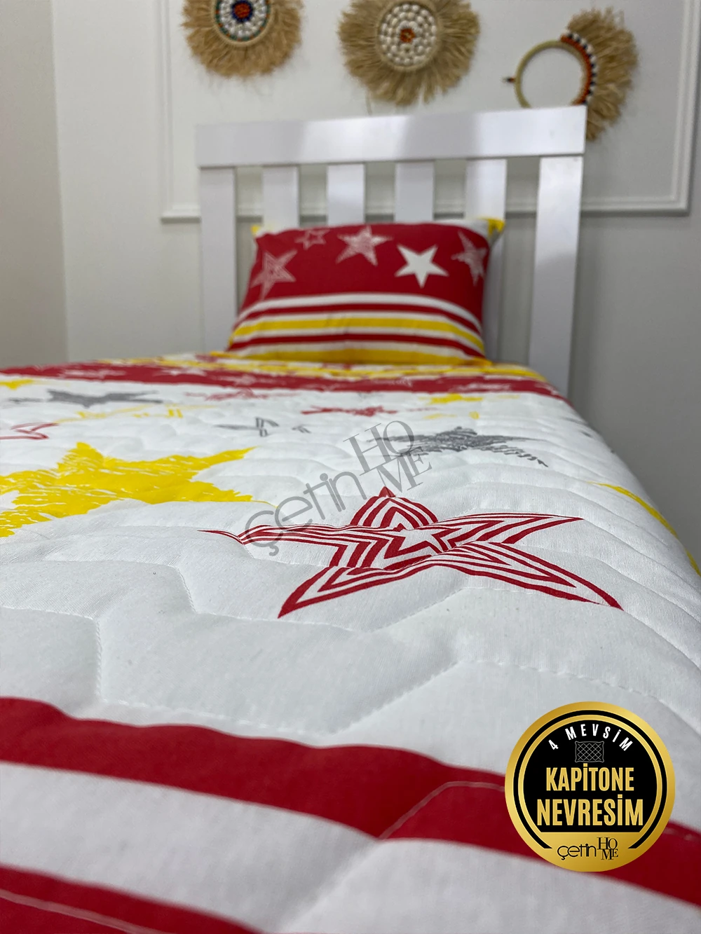 Çetinhome Tek Kişilik Kapitone Pike Seti 4 Mevsim Sarı Kırmızı