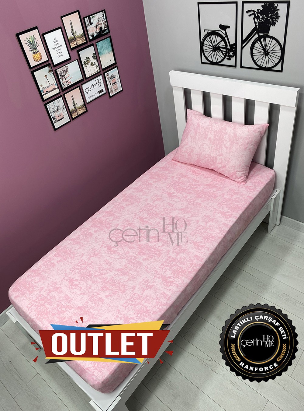 Outlet Kumaş Lastikli Çarşaf Seti Tek Kişilik Gölge Pudra