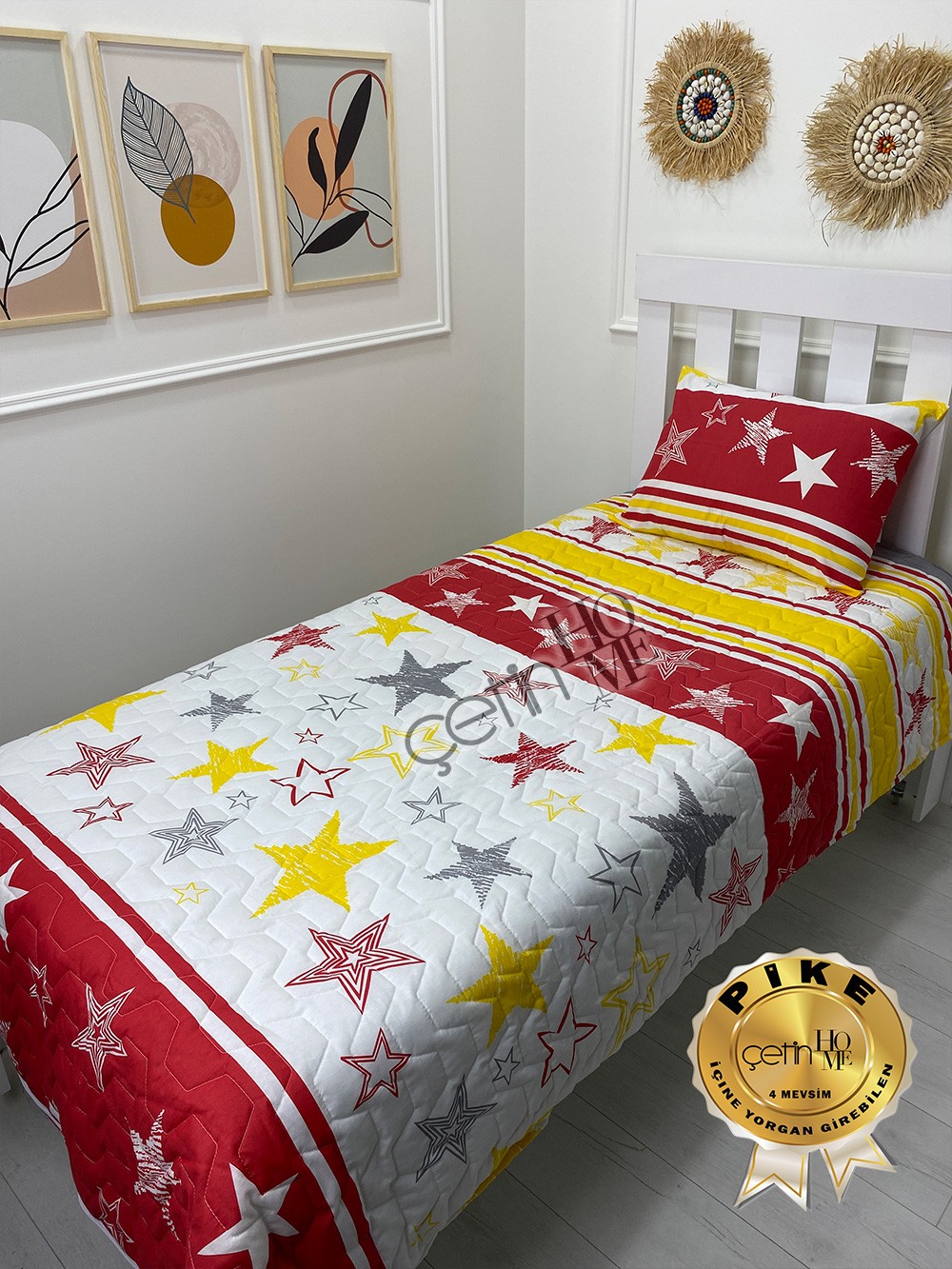 Çetinhome Tek Kişilik Kapitone Pike Seti 4 Mevsim Sarı Kırmızı