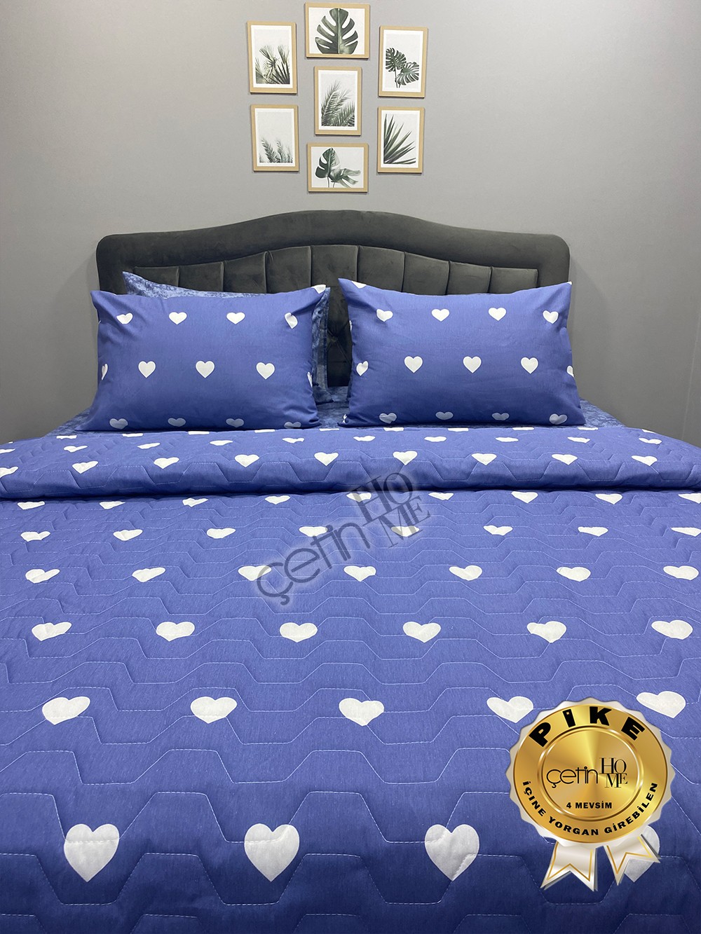 Çetinhome Çift Kişilik Çarşafı Lastikli Kapitone Pike Takımı 4 Mevsim Blue Kalp