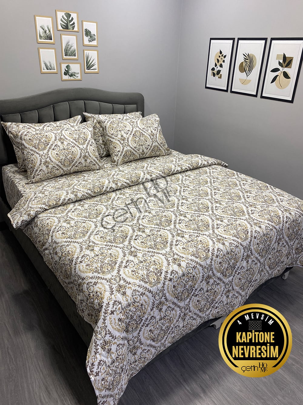 Çetinhome Çift Kişilik Çarşafı Lastikli Kapitone Pike Takımı 4 Mevsim Harem Gold