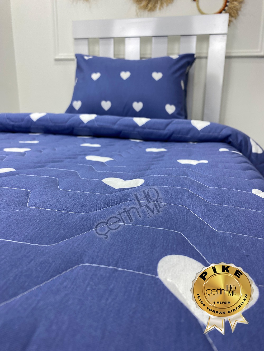 Çetinhome Tek Kişilik Çarşafı Lastikli Kapitone Pike Takımı 4 Mevsim Blue Kalp