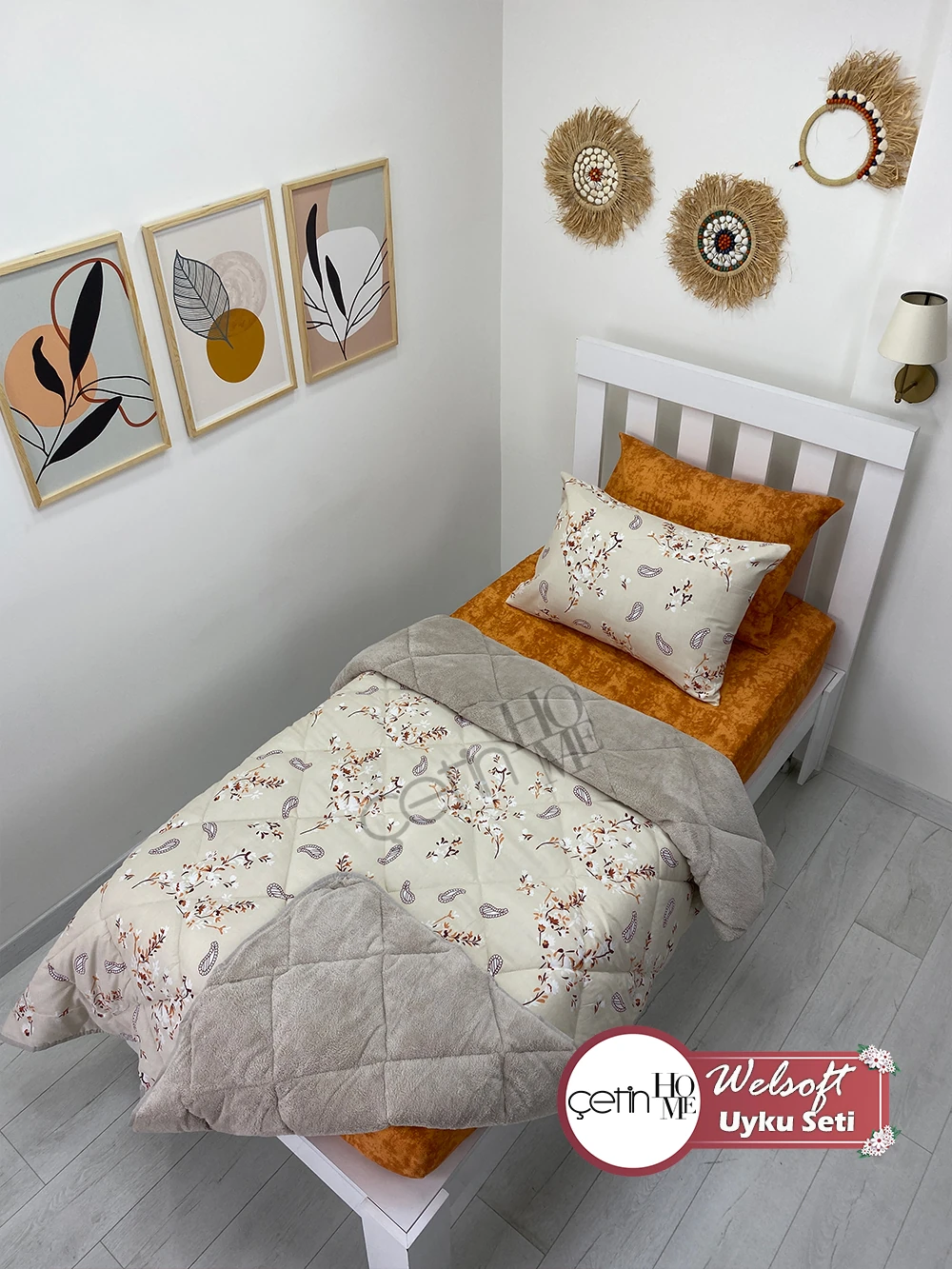 Çetinhome Tek Kişilik Çarşafı Lastikli Desenli Welsoft Yorgan Lavinya Bej