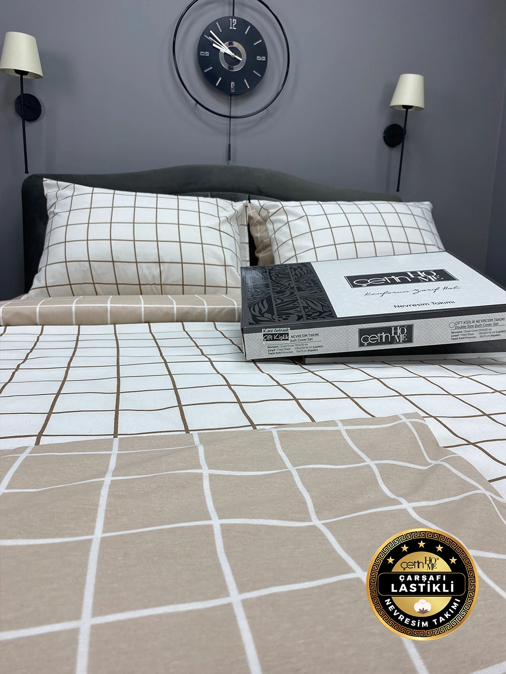 Çetinhome Çarşafı Lastikli Çift Kişilik Nevresim Takımı Kare Bej
